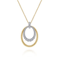 14K White-Yellow Gold Oval Twisted Rope and Pave Diamond Pendant Necklace