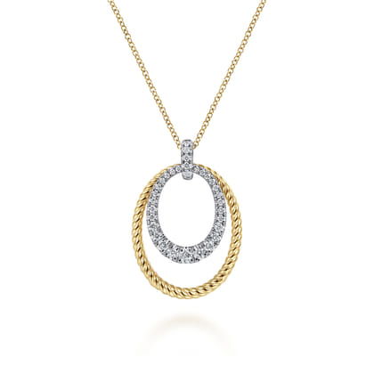 14K White-Yellow Gold Oval Twisted Rope and Pave Diamond Pendant Necklace