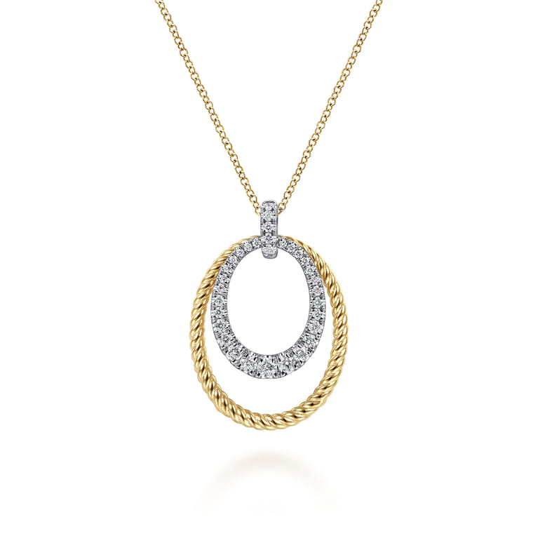 14K White-Yellow Gold Oval Twisted Rope and Pave Diamond Pendant Necklace - 0.42 ct - Shot 1