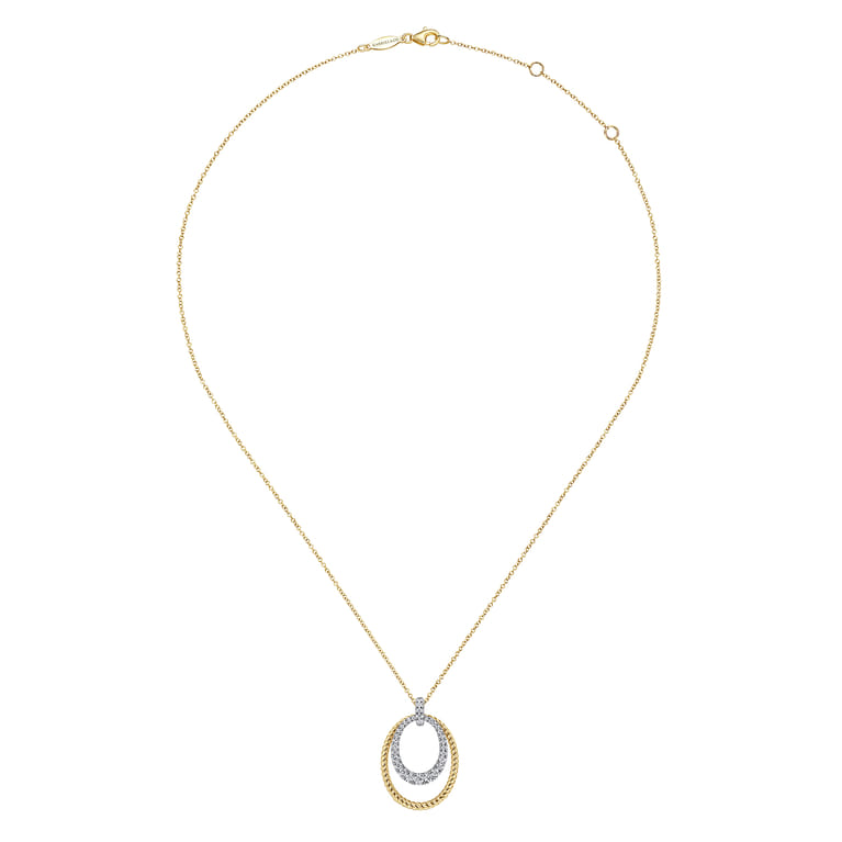 14K White-Yellow Gold Oval Twisted Rope and Pave Diamond Pendant Necklace - 0.42 ct - Shot 2