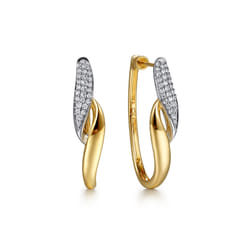 14K White  Yellow Gold Pave Diamond Bypass Hoop Earrings