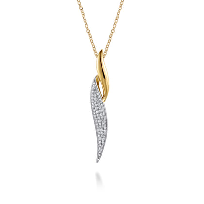 14K White  Yellow Gold Pave Diamond Bypass Pendant Necklace