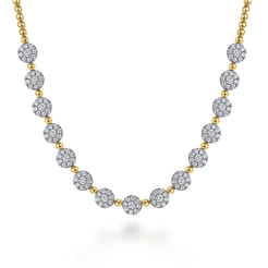 14K White-Yellow Gold Pave Diamond Cluster Station Bujukan Necklace