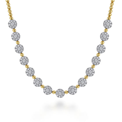 14K White-Yellow Gold Pave Diamond Cluster Station Bujukan Necklace