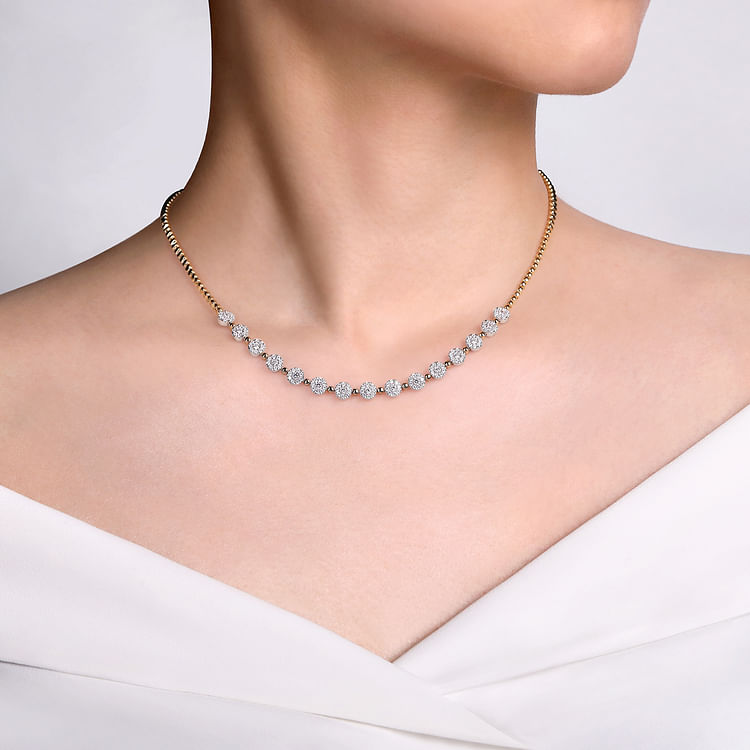 14K White-Yellow Gold Pave Diamond Cluster Station Bujukan Necklace
