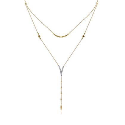 14K White  Yellow Gold Pave Diamond Layered Chevron Necklace