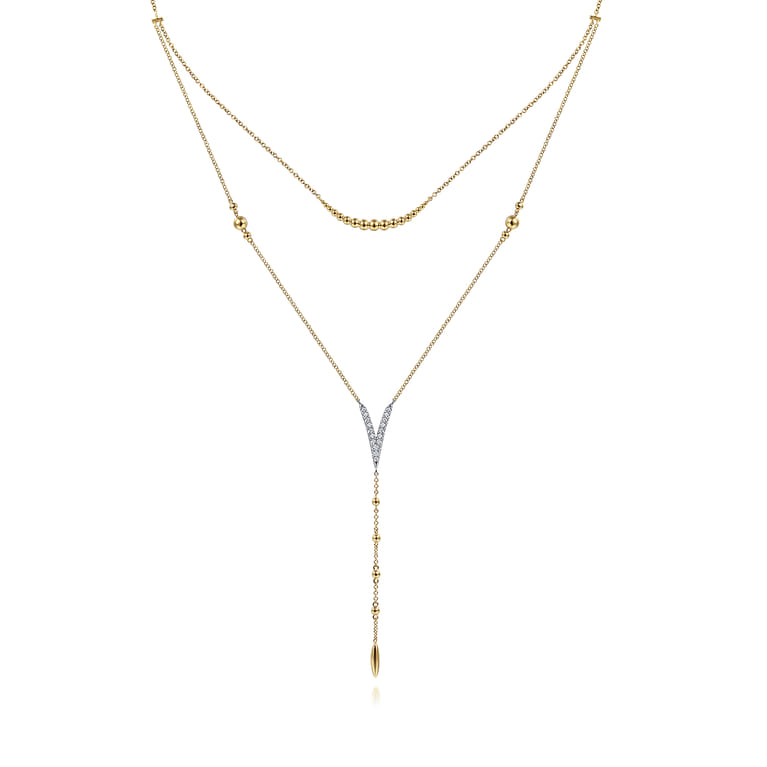 14K White  Yellow Gold Pave Diamond Layered Chevron Necklace - 0.19 ct - Shot 1