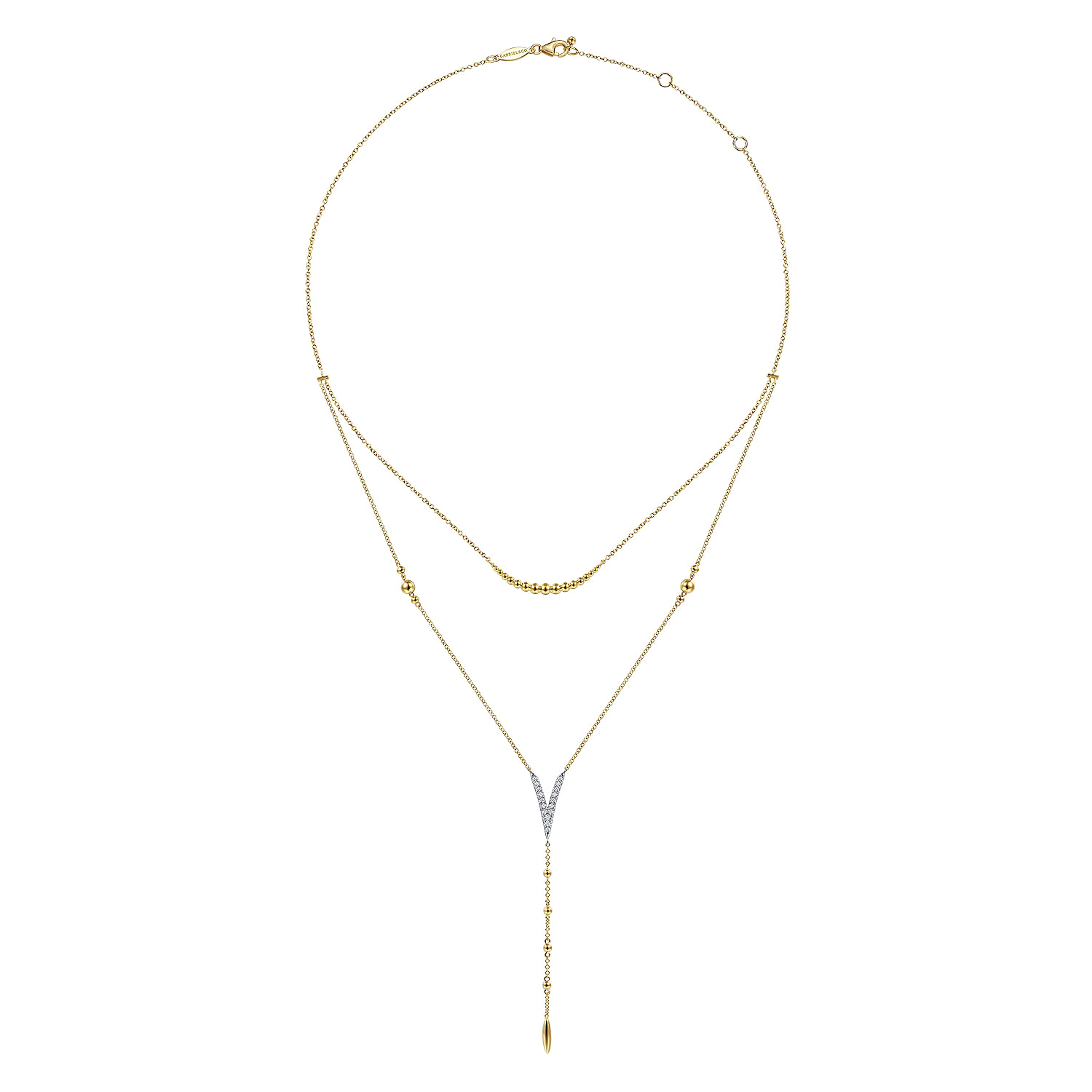 14K White  Yellow Gold Pave Diamond Layered Chevron Necklace