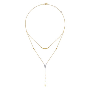 14K White  Yellow Gold Pave Diamond Layered Chevron Necklace