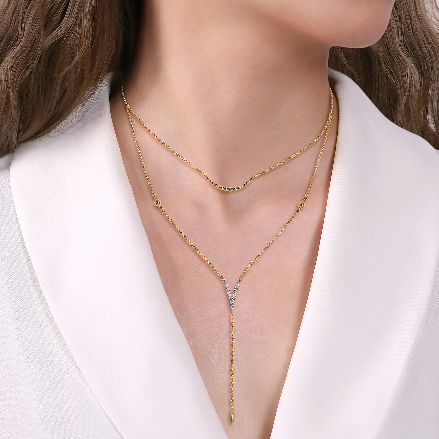 14K White  Yellow Gold Pave Diamond Layered Chevron Necklace