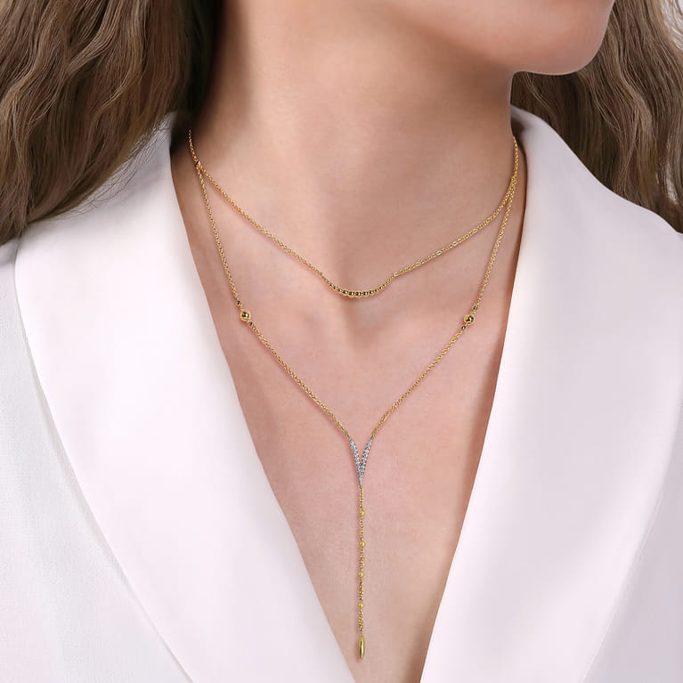 14K White  Yellow Gold Pave Diamond Layered Chevron Necklace - 0.19 ct - Shot 4