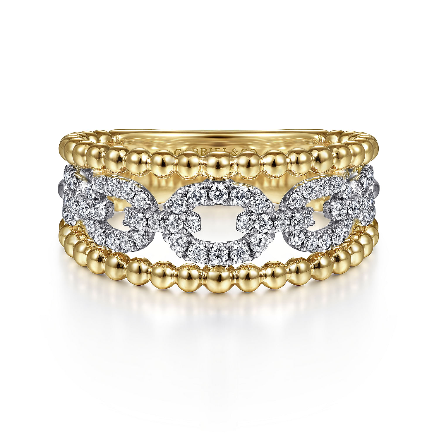 14K White-Yellow Gold Pave Diamond Link and Bujukan Bead Ring