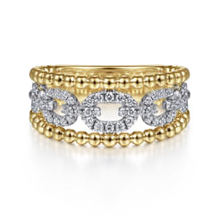 14K White-Yellow Gold Pavé Diamond Link and Bujukan Bead Ring