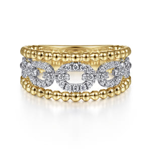 14K White-Yellow Gold Pave Diamond Link and Bujukan Bead Ring