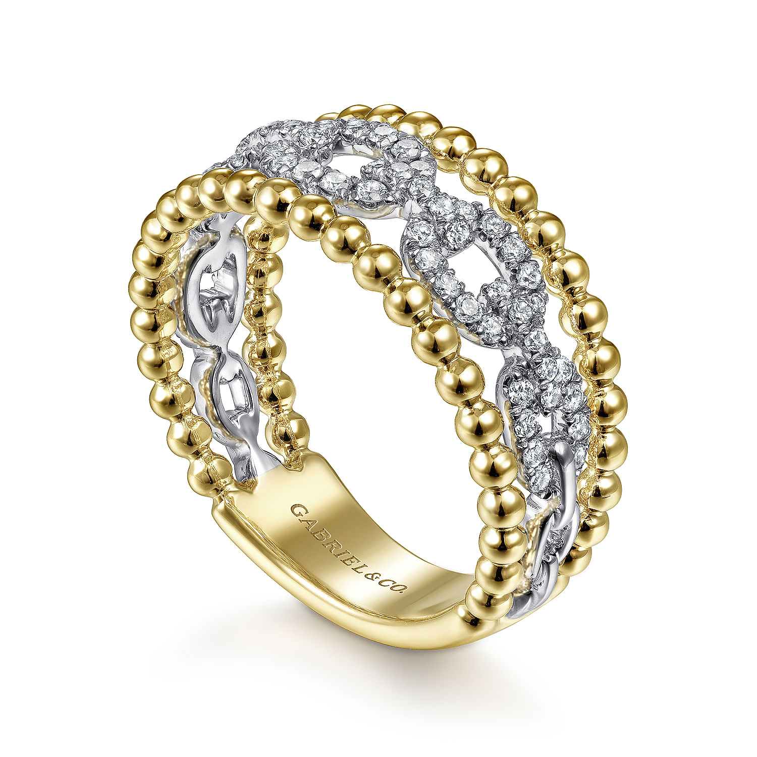 14K White-Yellow Gold Pave Diamond Link and Bujukan Bead Ring