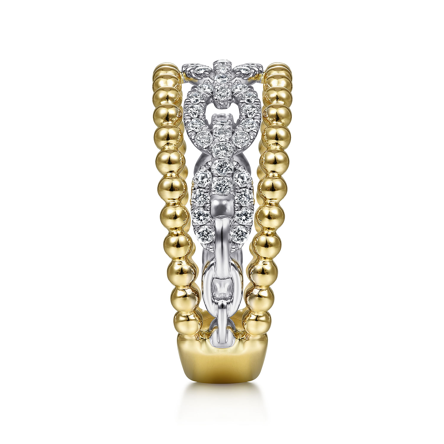 14K White-Yellow Gold Pave Diamond Link and Bujukan Bead Ring