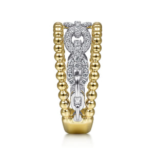 14K White-Yellow Gold Pave Diamond Link and Bujukan Bead Ring