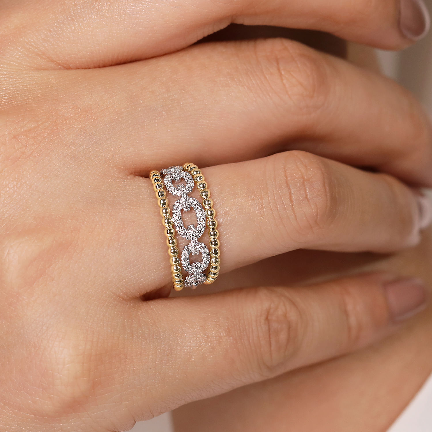 14K White-Yellow Gold Pave Diamond Link and Bujukan Bead Ring