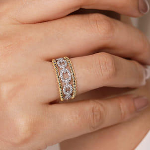 14K White-Yellow Gold Pave Diamond Link and Bujukan Bead Ring