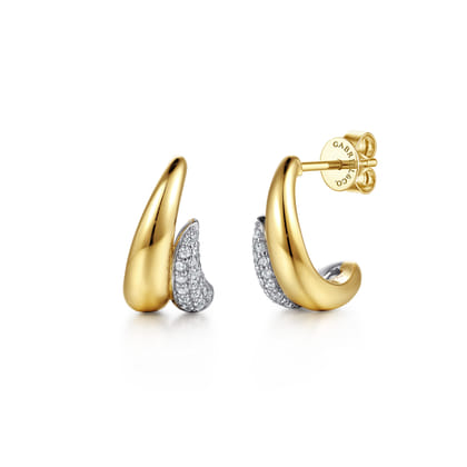 14K White Yellow Gold Pave Diamond Spike J Hoop Earrings