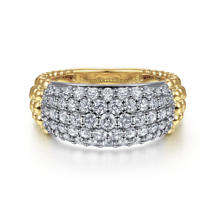 14K White-Yellow Gold Pave Diamond and Bujukan Bead Wide Band