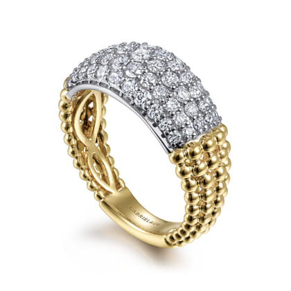 14K White-Yellow Gold Pave Diamond and Bujukan Bead Wide Band