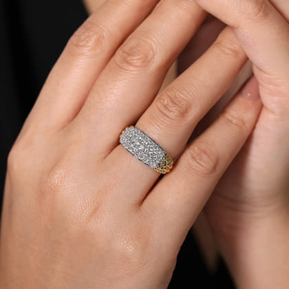 14K White-Yellow Gold Pave Diamond and Bujukan Bead Wide Band