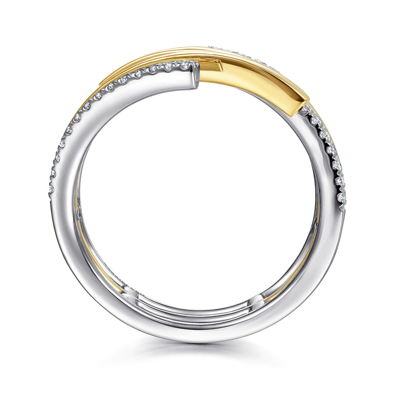 14K White-Yellow Gold Plain and Diamond Row Statement Ring - 0.3 ct - Shot 2