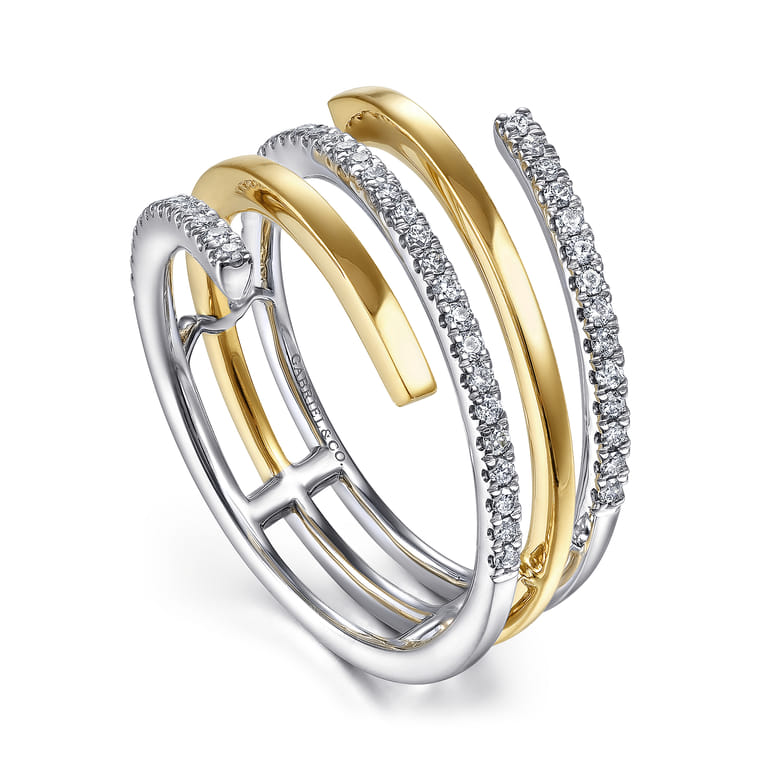 14K White-Yellow Gold Plain and Diamond Row Statement Ring - 0.3 ct - Shot 3