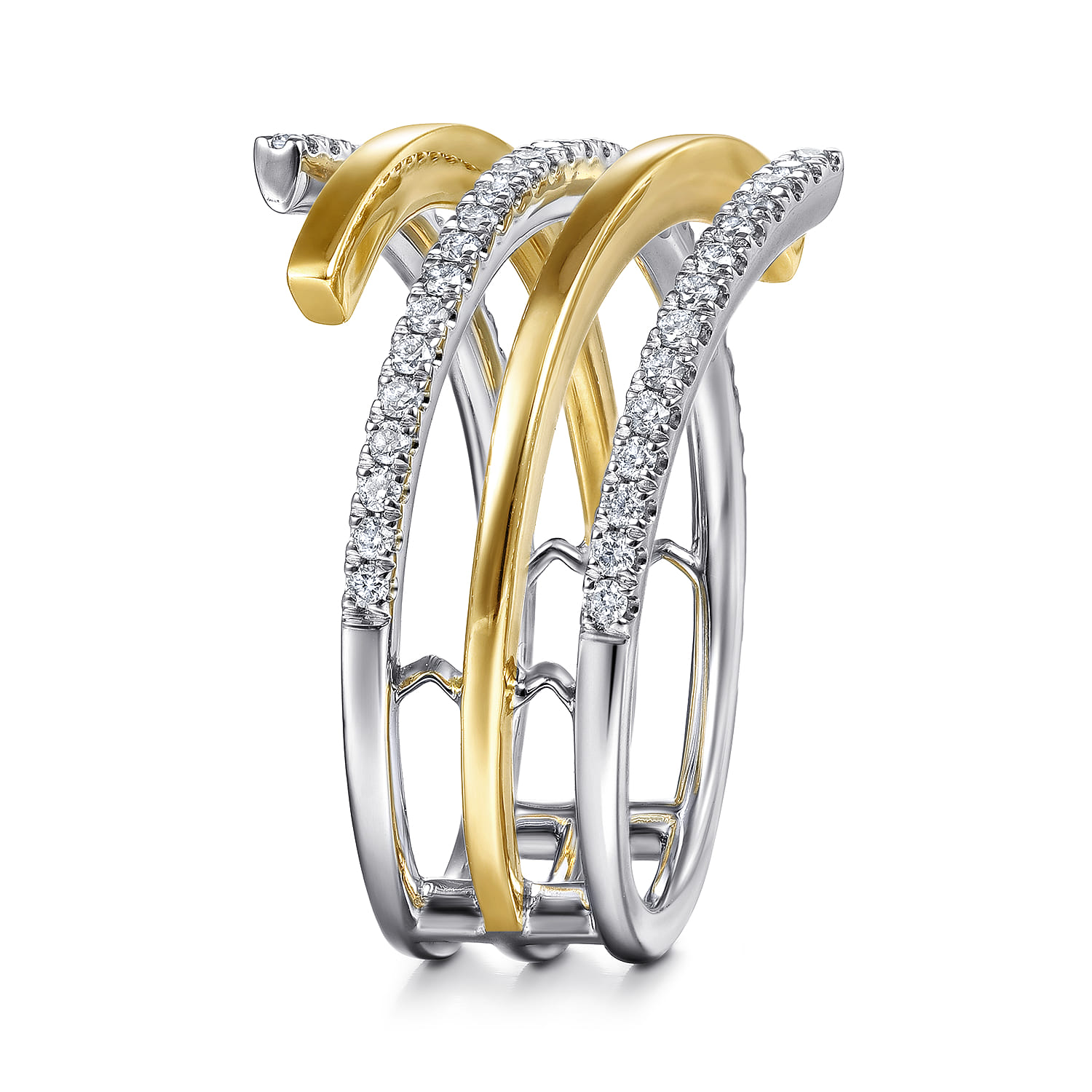 14K White-Yellow Gold Plain and Diamond Row Statement Ring - 0.3 ct - Shot 4