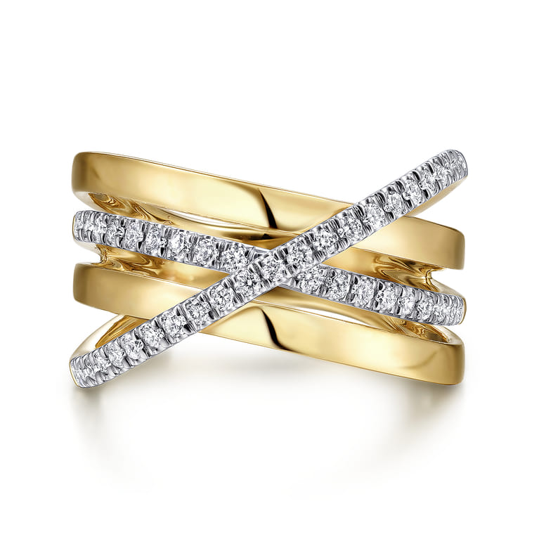 14K White-Yellow Gold Polished Band and Diamond Row Criss Cross Ring - 0.4 ct - Shot 1