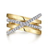 14K White-Yellow Gold Polished Band and Diamond Row Criss Cross Ring - 0.4 ct