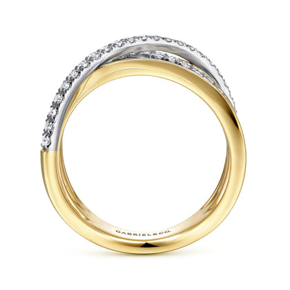 14K White-Yellow Gold Polished Band and Diamond Row Criss Cross Ring
