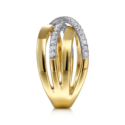 14K White-Yellow Gold Polished Band and Diamond Row Criss Cross Ring