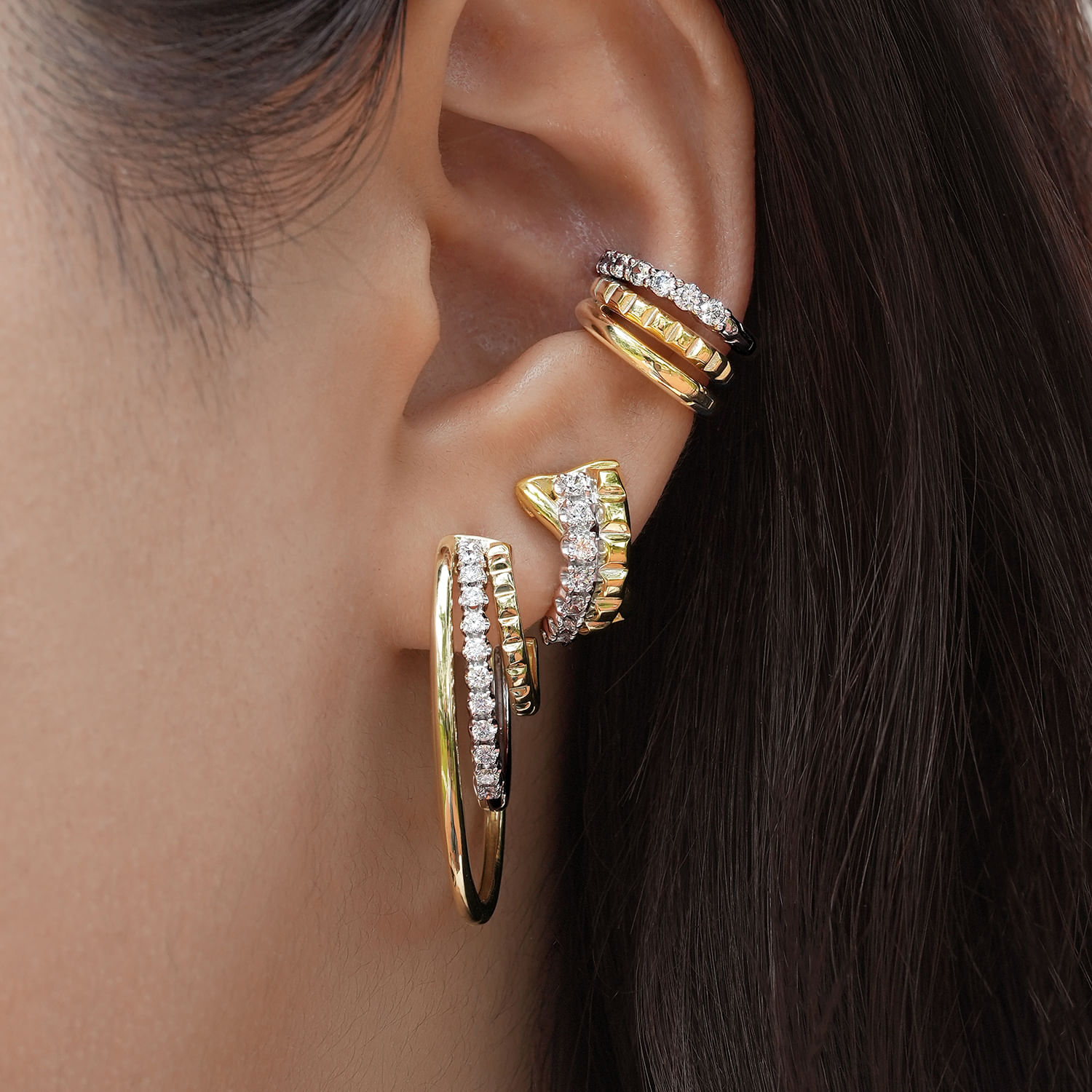 14K White  Yellow Gold Prong Set Diamond Muli Row Single Ear Cuff