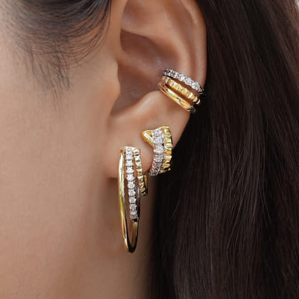 14K White  Yellow Gold Prong Set Diamond Multi Row Single Ear Cuff