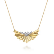 14K White  Yellow Gold Radiant Fan Diamond Cut and Cluster Diamond Bar Necklace