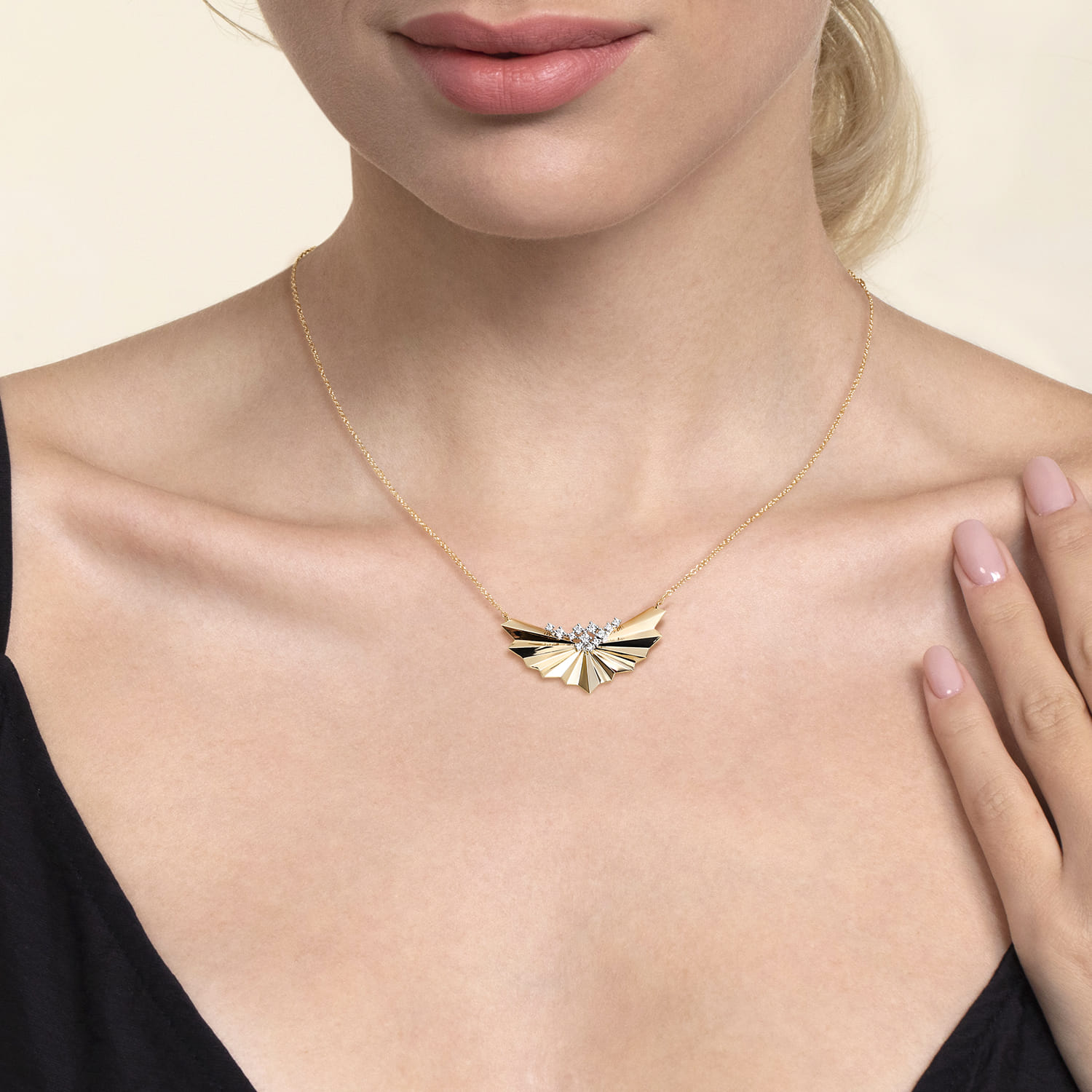 14K White  Yellow Gold Radiant Fan Diamond Cut and Cluster Diamond Bar Necklace - 0.21 ct - Shot 3