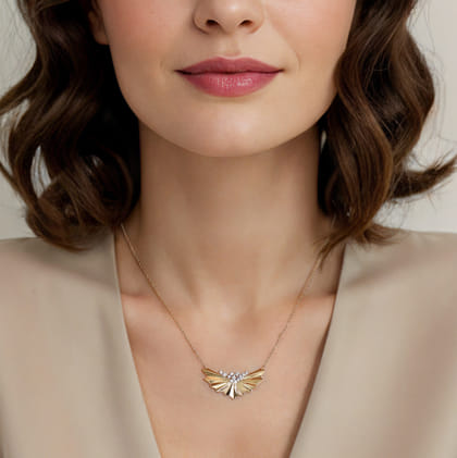 14K White  Yellow Gold Radiant Fan Diamond Cut and Cluster Diamond Bar Necklace