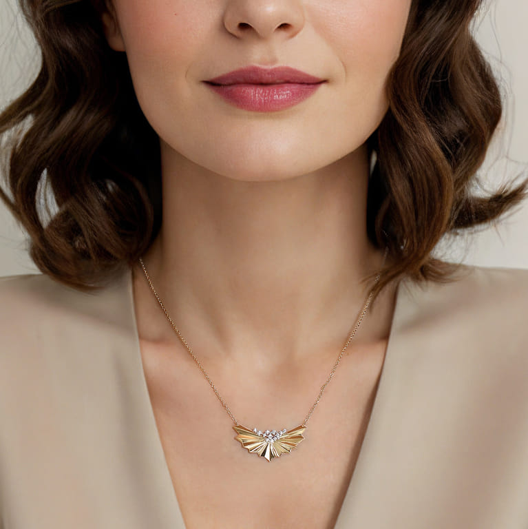 14K White  Yellow Gold Radiant Fan Diamond Cut and Cluster Diamond Bar Necklace - 0.21 ct - Shot 4