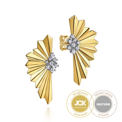 14K White  Yellow Gold Radiant Fan Diamond Cut and Cluster Diamond Stud Earrings