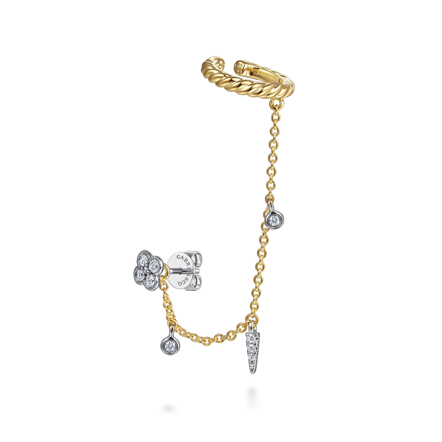 14K White-Yellow Gold Single Diamond Stud With Chain Drop And Ear Cuff - 0.17 ct - Shot 1