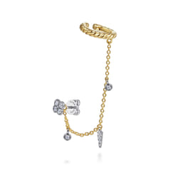 14K White-Yellow Gold Single Diamond Stud With Chain Drop And Ear Cuff