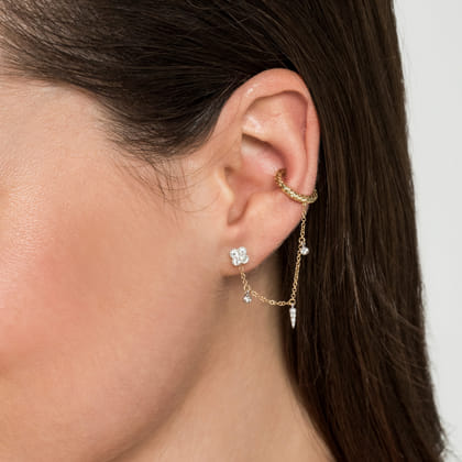 14K White-Yellow Gold Single Diamond Stud With Chain Drop And Ear Cuff