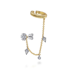 14K White-Yellow Gold Single Diamond Stud With Chain Drop And Ear Cuff