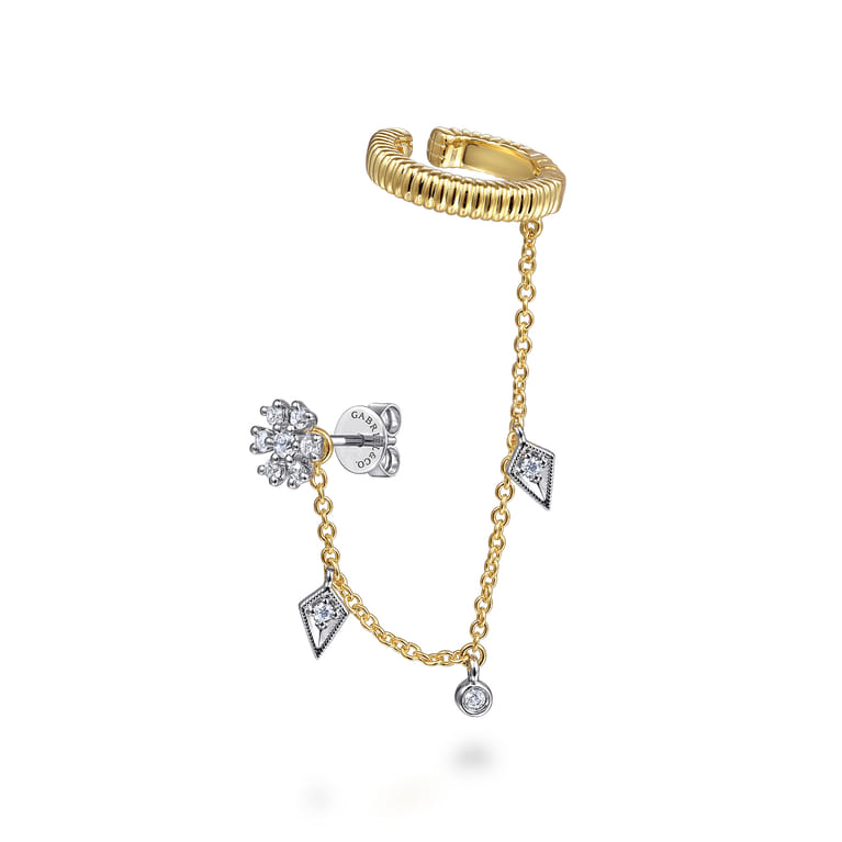 14K White-Yellow Gold Single Diamond Stud With Chain Drop And Ear Cuff - 0.17 ct - Shot 1