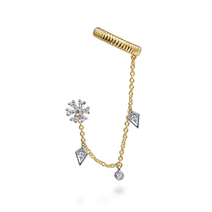 14K White-Yellow Gold Single Diamond Stud With Chain Drop And Ear Cuff