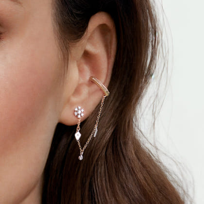 14K White-Yellow Gold Single Diamond Stud With Chain Drop And Ear Cuff