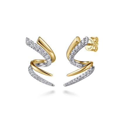 14K White Yellow Gold Spike Graduating Diamond Bypass Stud Earrings