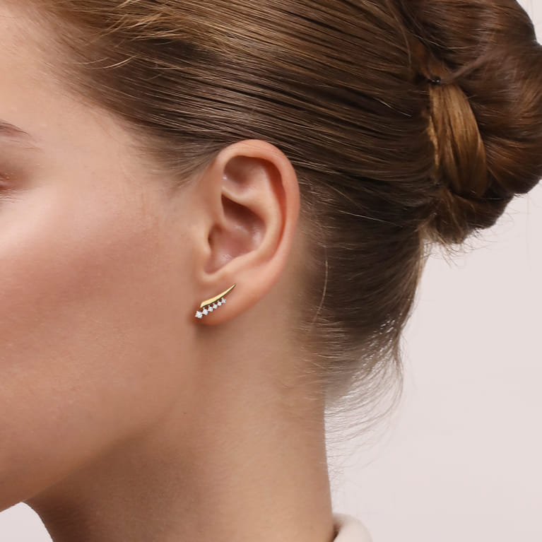 14K White Yellow Gold Spike Graduating Diamond Ear Climber Earrings - 0.17 ct - Shot 3